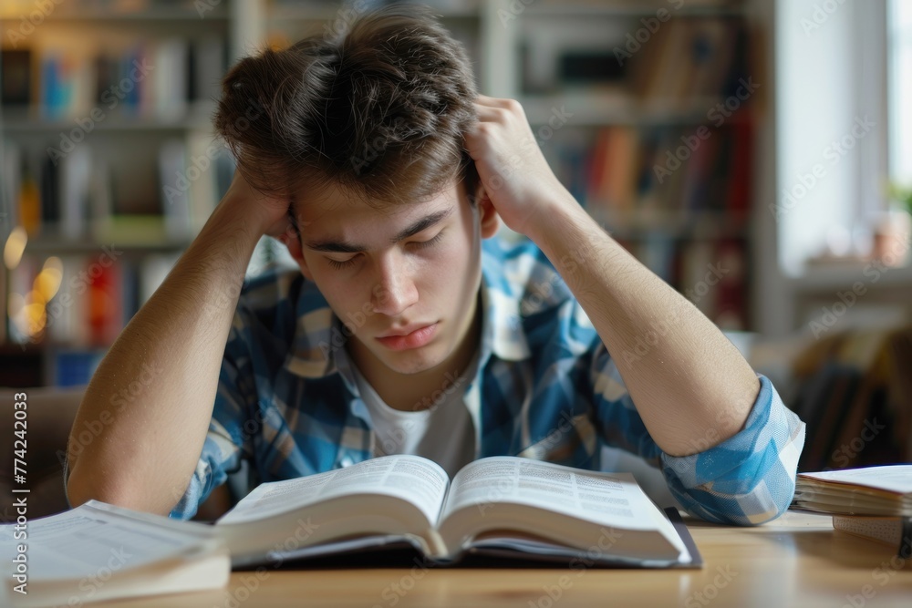 Tired university student is preparing for test or exam. Young boy fell asleep while sitting at table reading book Tired university student is preparing for test or exam. Young boy fell asleep while sitting at table reading book
