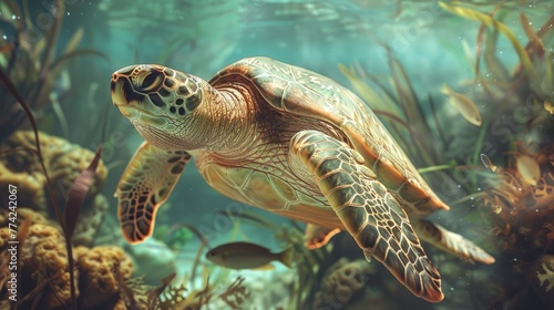 Explore the underwater world in a prompt highlighting a majestic Loggerhead Sea Turtle gracefully navigating its reef habitat