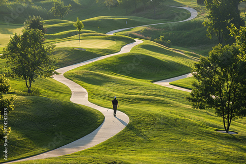 A golfer walking along a winding path towards the next tee box.
