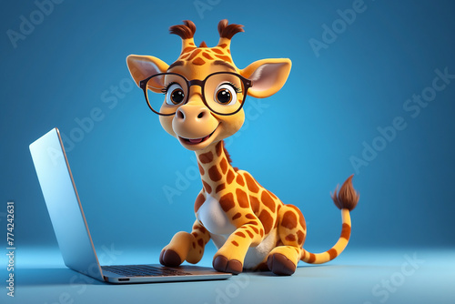 cute cheerful cartoon giraffe playing on a laptop on a blue background