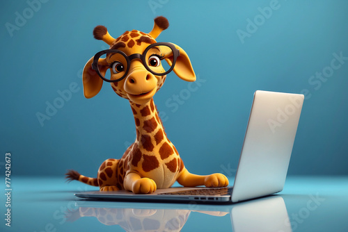 cute cheerful cartoon giraffe playing on a laptop on a blue background