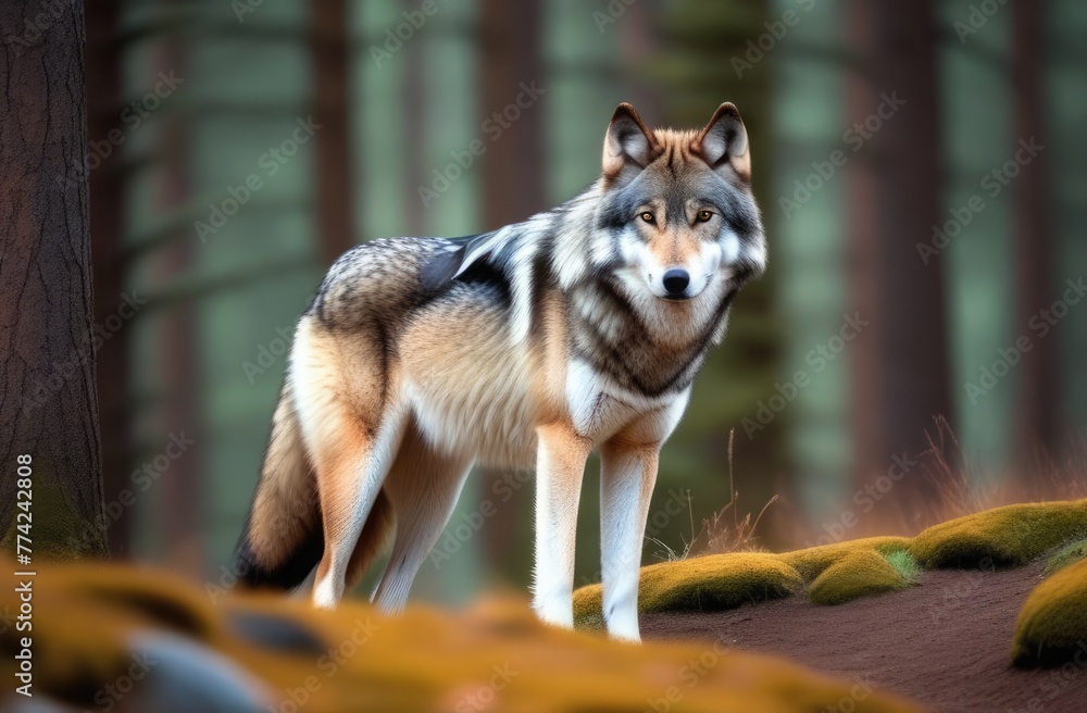 Wild wolf walking in the forest Wild wolf walking in the forest