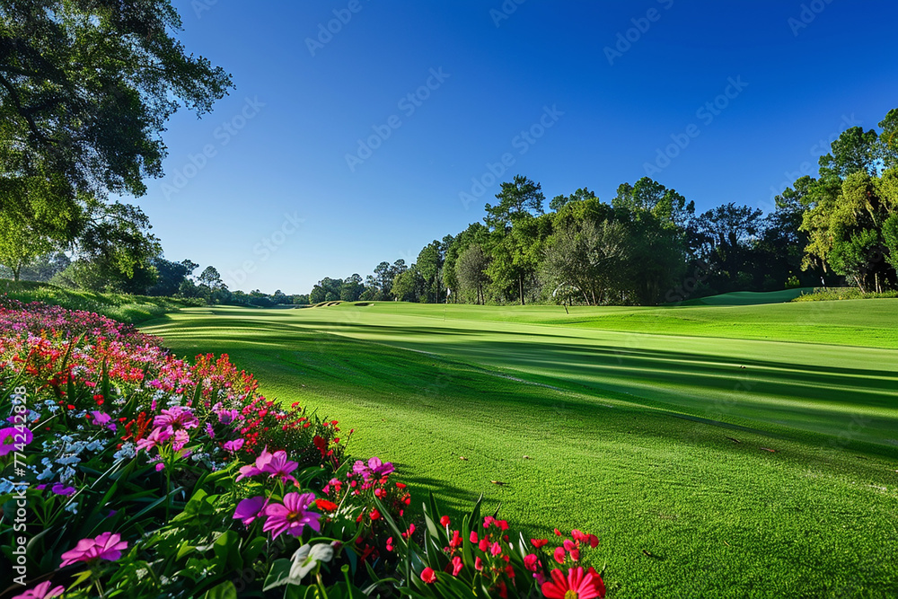 A lush fairway bordered by vibrant flowers under a clear blue sky.