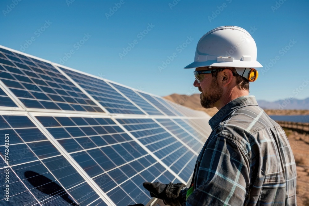 Male engineer in hard hat examining solar panels at a power plant