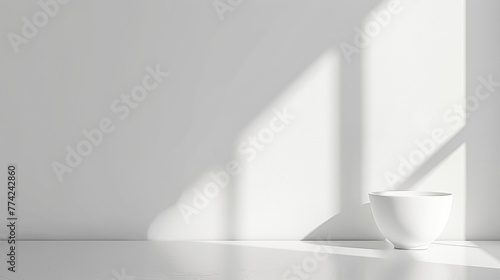 Minimalist shelf with white ceramic cup, panel against white wall in sunny room with soft shadows. Advertising template, copy space, mockup