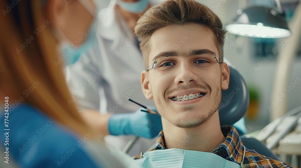 Cropped portrait of handsome man with braces sitting in dental chair. Doctor in gloves holding examination tools behind. Braces, alignment of teeth. copy space for text. Cropped portrait of handsome man with braces sitting in dental chair. Doctor in gloves holding examination tools behind. Braces, alignment of teeth. copy space for text.
