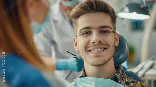 Cropped portrait of handsome man with braces sitting in dental chair. Doctor in gloves holding examination tools behind. Braces  alignment of teeth. copy space for text.