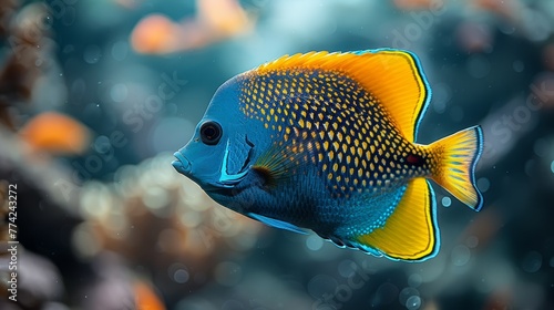   A tight shot of a blue-yellow fish in an aquarium amidst numerous other fish in the backdrop © Jevjenijs