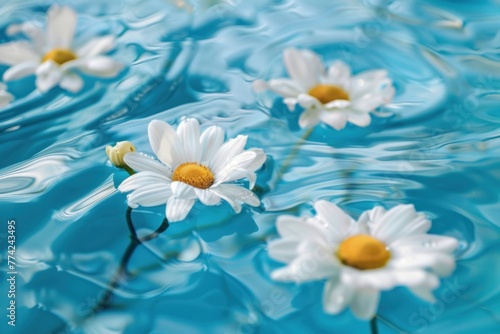 White daisy flowers floating on the blue water surface