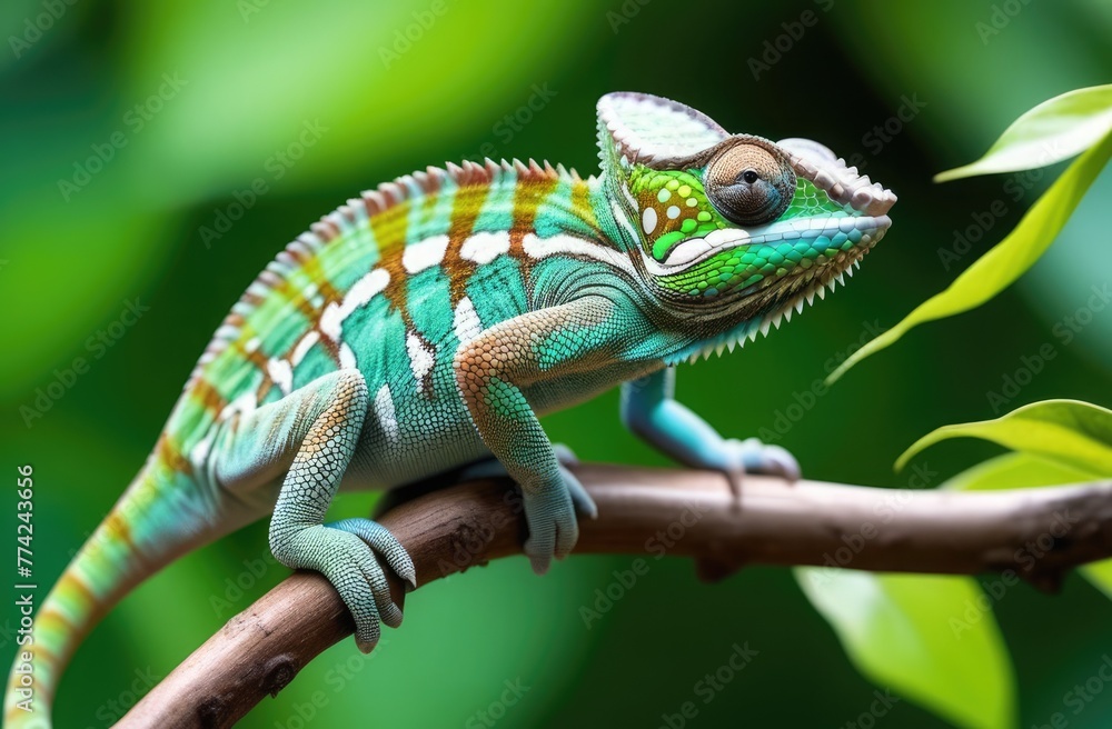 A chameleon sits on a branch surrounded by leaves. Chameleon in the wild A chameleon sits on a branch surrounded by leaves. Chameleon in the wild