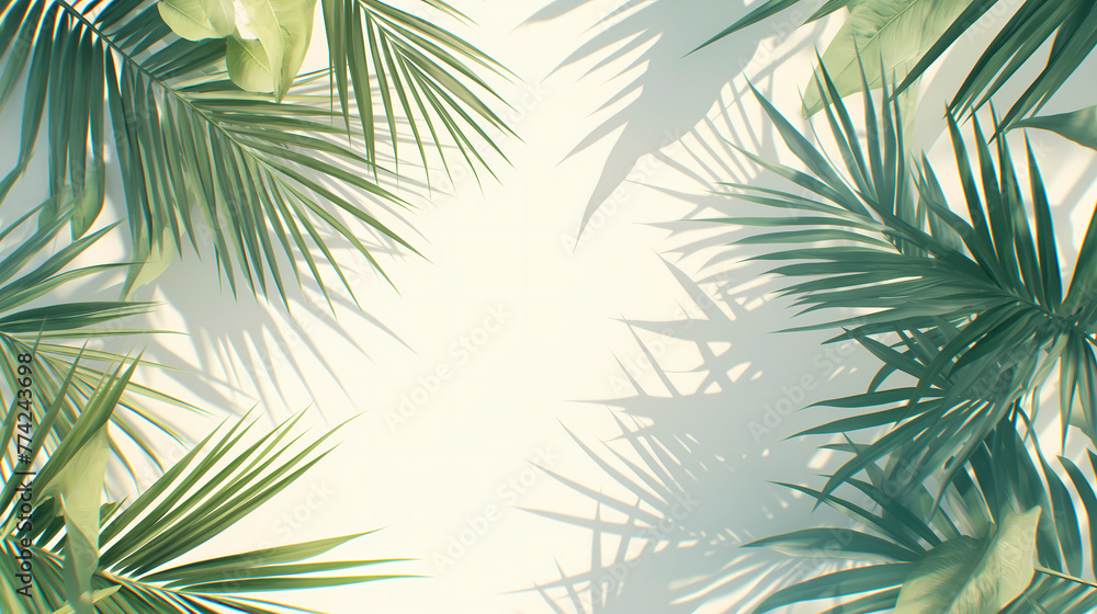 Palm leaves background with copy space for text or image. Flat lay.