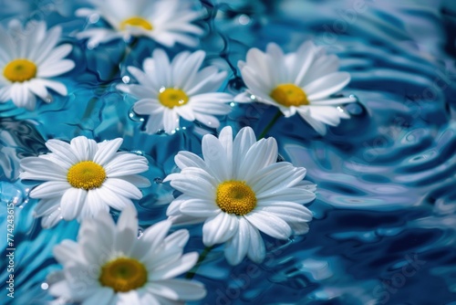 White daisy flowers floating on the blue water surface