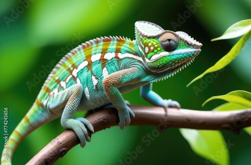 A chameleon sits on a branch surrounded by leaves. Chameleon in the wild