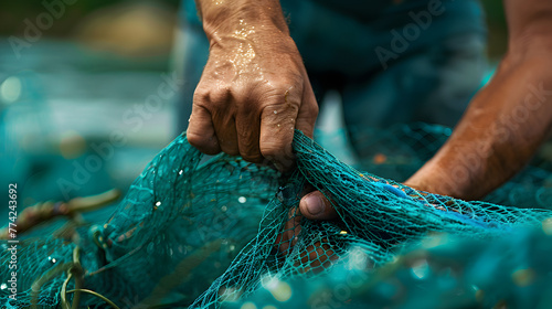 Close-up view of a man hands picking up a green fishing net. Waste in nature.  photo