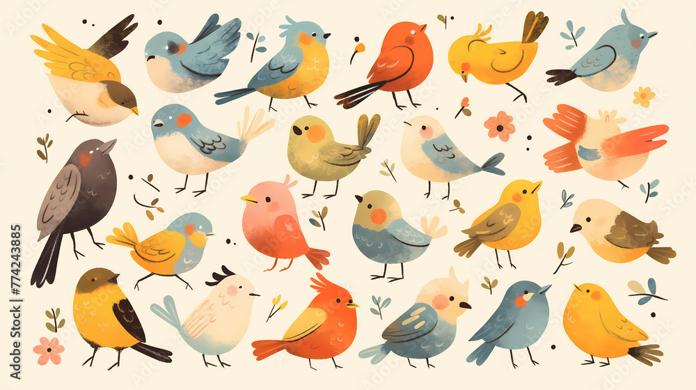 Obraz premium Set of cute cartoon birds. Hand drawn vector illustration in vintage style.