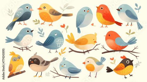 Set of cute cartoon birds. Vector illustration in a flat style.
