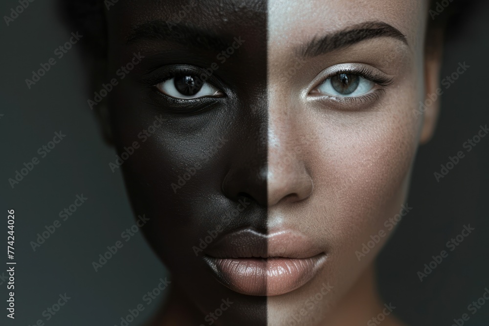 Woman portrait mix races black skin and white skin female beauty looking to camera