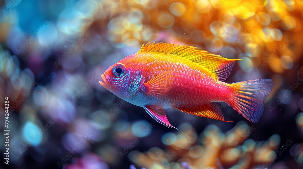   A tight shot of a red-yellow fish in an aquarium, background softly blurred in hues of blue and yellow