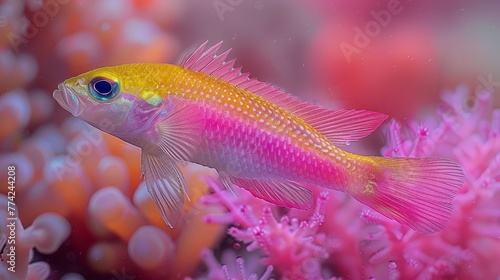  A tight shot of a fish against a backdrop of intricate corals, with additional corals visible in the distance, and clear water at the front