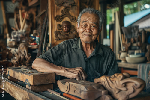 Asian wood carver in the workshop, craftsman. photo
