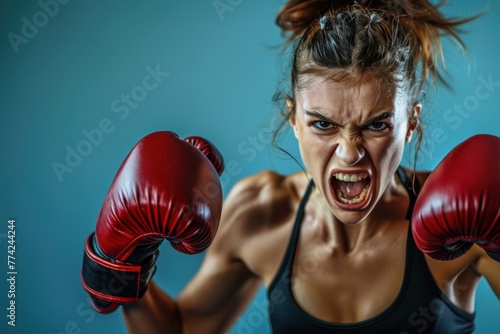 Woman with boxing gloves, charging attacking, screaming angry expression
