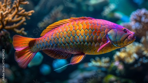  A tight shot of a fish in an aquarium, surrounded by vibrant corals and various marine species against a sunlit backdrop