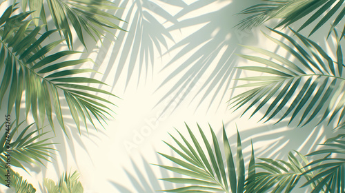Summer background with tropical palm leaves on white wall. Vector illustration.