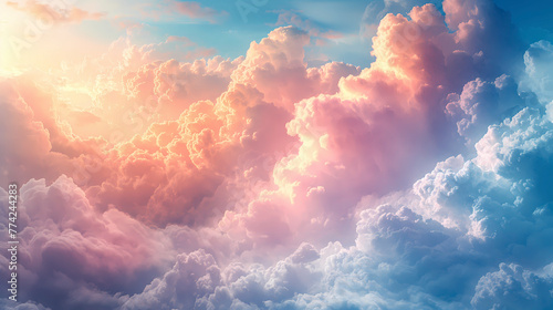Sunset sky background with tiny clouds. 3d rendering illustration. #774244283