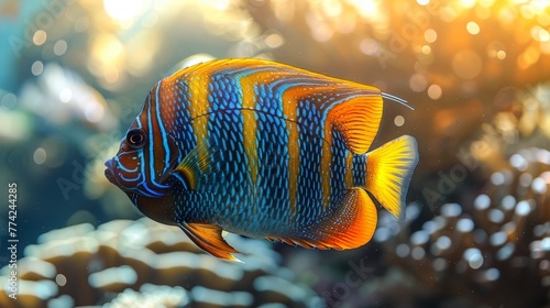  A tight shot of a vibrant blue-yellow fish against a backdrop of intricate corals and clear water