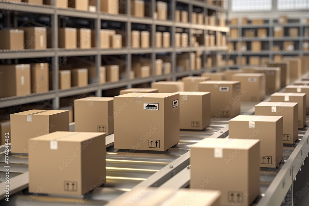 Cardboard boxes transported by industrial robots in a warehouse.