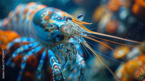  A tight shot of a blue-orange sea anemone in a coral anemone's foreground