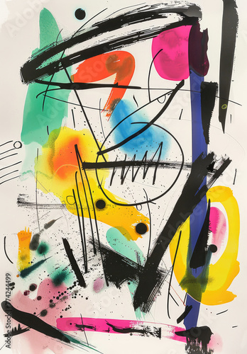 Abstract painting with neon colors, black lines, loose brush strokes, strong watercolor color washes on white paper,  illustration made with Generative AI