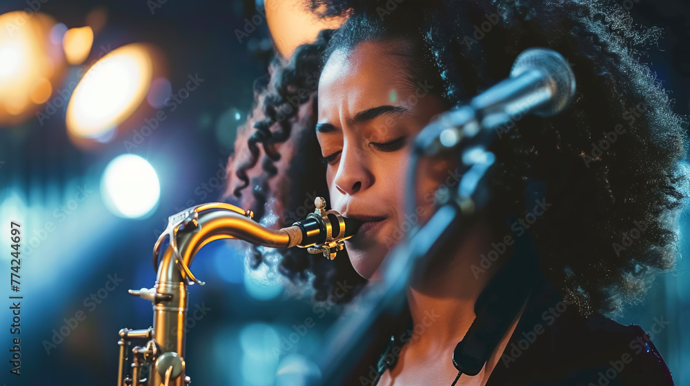 A jazz artist, a black woman is engrossed in playing the saxophone on brightly lit stage. Music festival concept, jazz recognition month - obrazy, fototapety, plakaty 