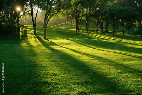 A serene golf course with the morning sun casting long shadows across the grass.