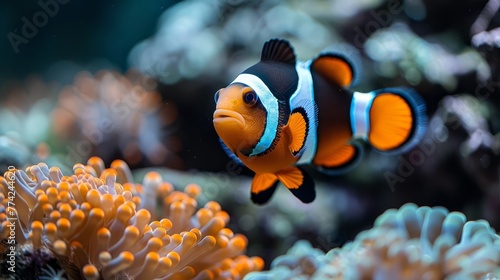  An orange-and-white clownfish near an aquarium's front in a symbiotic relationship with an orange-and-white sea anemone