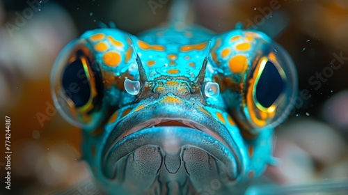  A tight shot of a blue fish's visage, adorned with yellow and orange specks on its eyes and nostrils