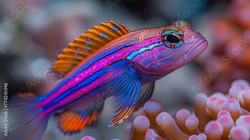   A tight shot of a fish against vibrant coral, showcasing its orange-blue lateral strip