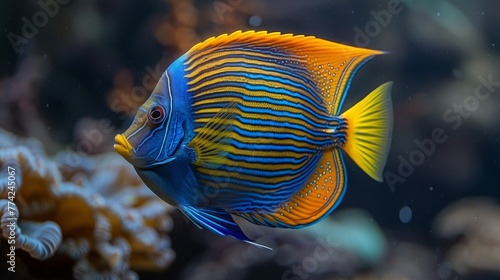  A tight shot of a vibrant blue-yellow fish near corals against a backdrop of more corals and clear water