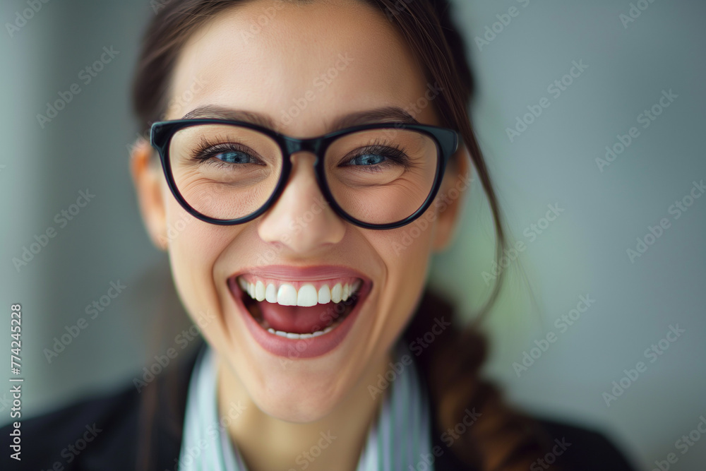 Closeup of the face of a young businesswoman very happy with success in business, at the office. Closeup of the face of a young businesswoman very happy with success in business, at the office.