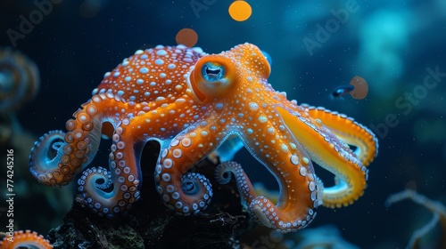   An orange-and-white octopus perches atop a driftwood segment Nearby, a compact aquarium teems with tiny fish © Jevjenijs