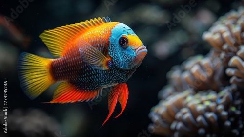  A tight shot of a vibrant blue-orange fish swimming near corals in an aquarium Background features corals for added visual interest