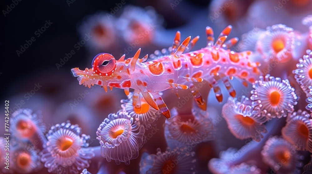 A tight shot of a red and white sea anemone against a backdrop of various corals A tight shot of a red and white sea anemone against a backdrop of various corals