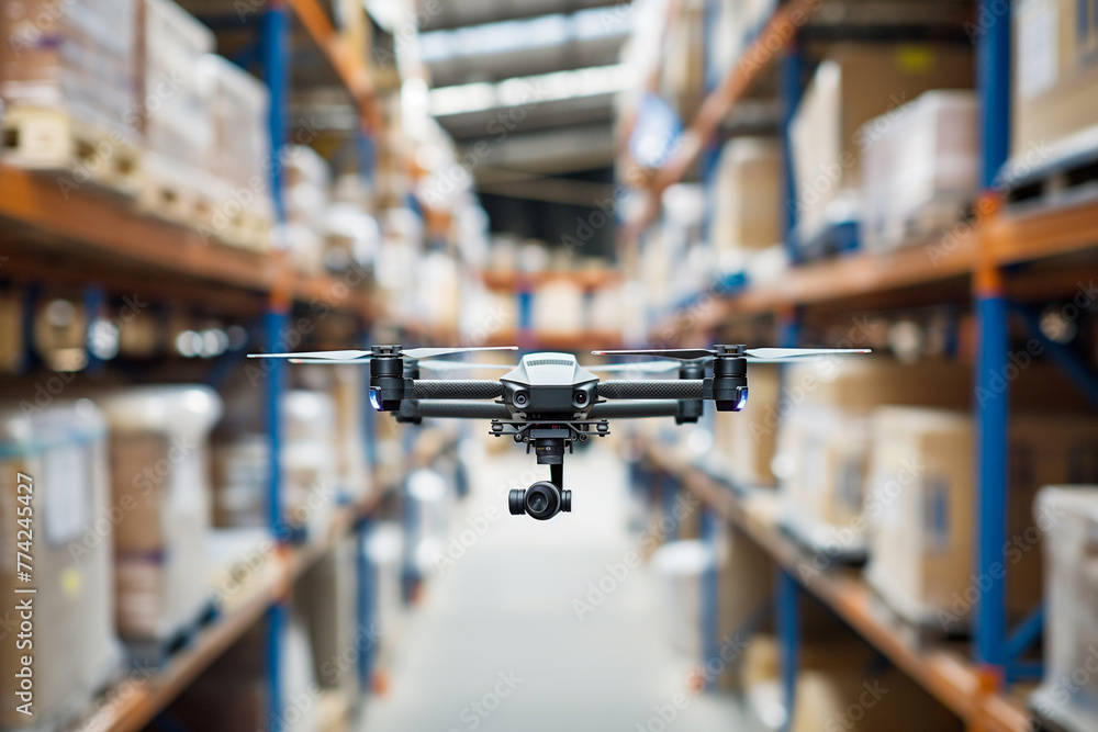 Drone automatic scan check stock products on shelf in warehouse. Drone automatic scan check stock products on shelf in warehouse.