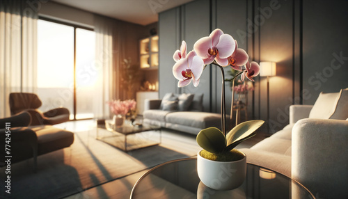 An orchid graces a glass table, basked in the warm glow of a setting sun, within a minimalist interior
