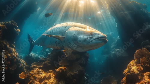   A large fish swims in the ocean  beneath sunbeams that pierce the water s surface Corals dot the seabed below