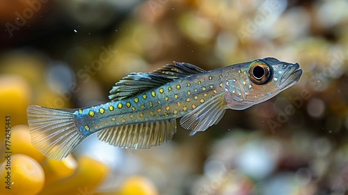  A close-up of a fish with a yellow-dotted body and a blue frame