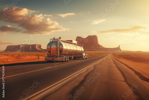 Oil tank truck driving on highway delivering oil at sunrise. photo