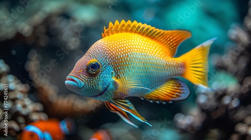  A tight shot of a vibrant blue-yellow fish against a backdrop of corals in the water, with additional corals visible behind