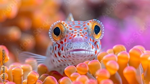   A tight shot of a fish hovering over corals, with various corals in the backdrop and an out-of-focus background