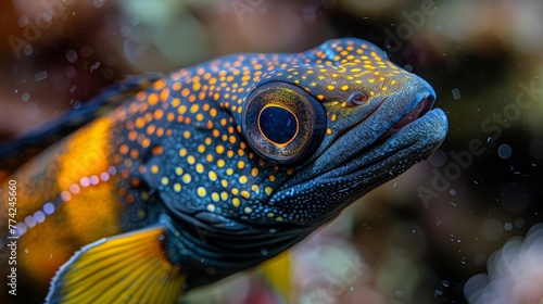  A tight shot of a fish displaying yellow and blue spots on its body against a softly blurred backdrop